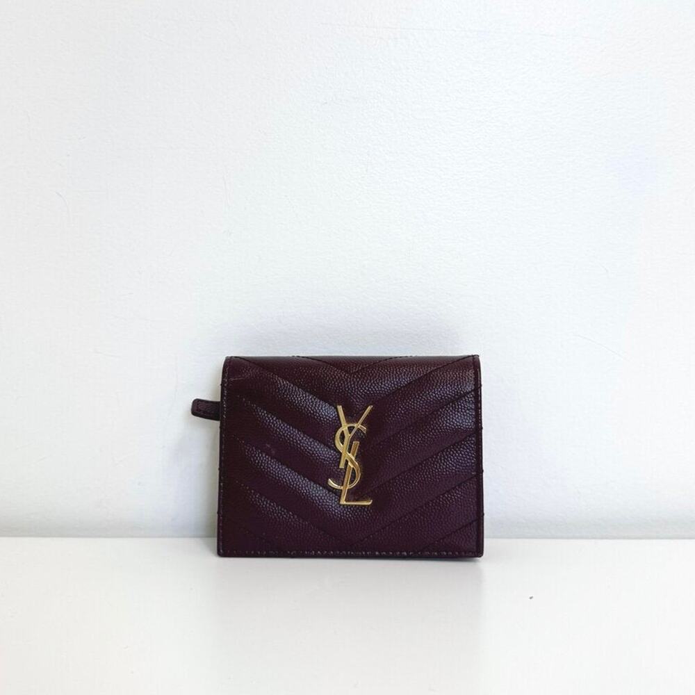 SAINT LAURENT Burgundy Grain de Poudre Cassandre Compact Wallet Gold YSL Logo
